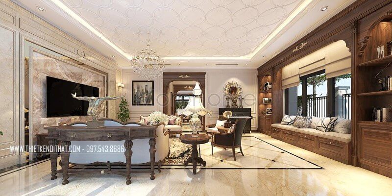 Phòng khách biệt thự Vinhomes Greenbay được trang trí sang trọng bằng sản phẩm kệ trang trí kệ decor làm bằng gỗ óc chó.